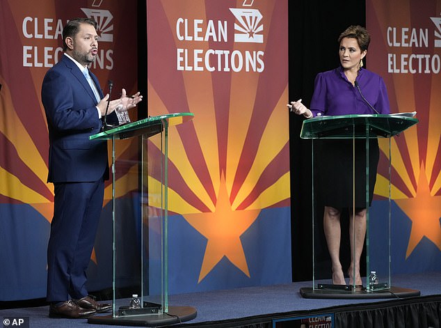 Democrat Rubén Gallego (left) and Republican Kari Lake (right) participate in the Arizona Senate debate on October 9, 2024