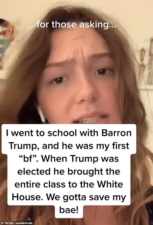 'For those asking, I went to school with Barron Trump and he was my first boyfriend. When Trump was elected, he took the entire class to the White House. We have to save my baby!' she exclaimed