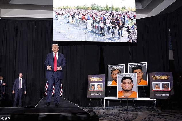 Trump spoke next to mugshots of migrants taken by the Aurora Police Department