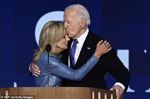 President Joe Biden gives his wife Jill Biden a kiss after delivering the keynote address at the Democratic National Convention in August.