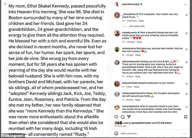 Kennedy posted a tribute to her late mother and said: 