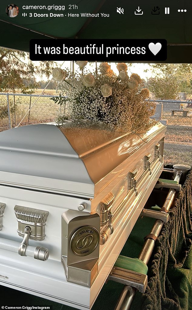 Her husband, Cameron Grigg, shared a photo of her closed casket during the funeral on his Instagram Stories telling her 