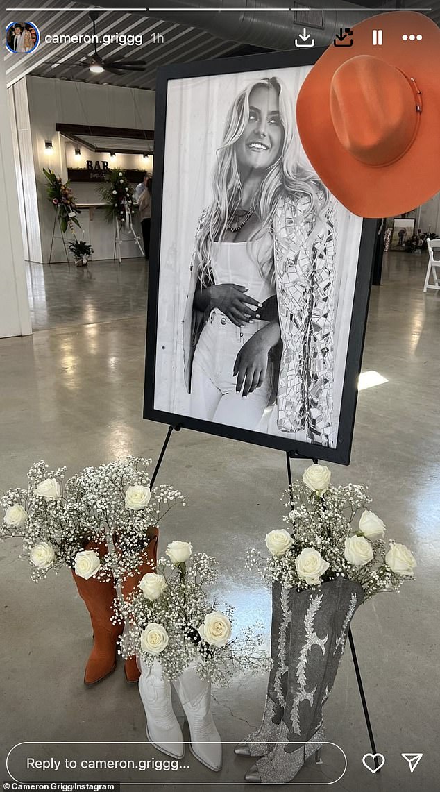 Another photo included a black and white portrait of the influencer, surrounded by three pairs of Western-style boots serving as vases and filled with white roses and baby's breath.