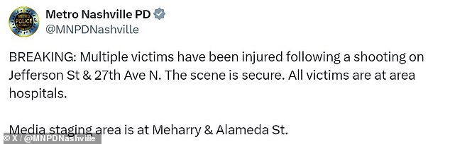 According to the Metropolitan Nashville Police Department, the bullets were fired near the intersection of Jefferson Street and 27th Street shortly after 5 p.m.