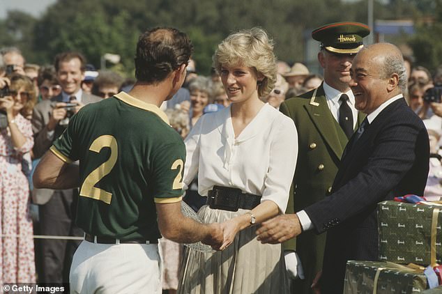 Known for scouring the aisles of Harrods in search of attractive young women to work with in his top-floor office, Fayed tirelessly courted and entertained high-ranking members of the UK royal family (pictured with the then-Princess of Wales and his wife). , Princess Diana, who later died in a car accident with Fayed's son Dodi in Paris)