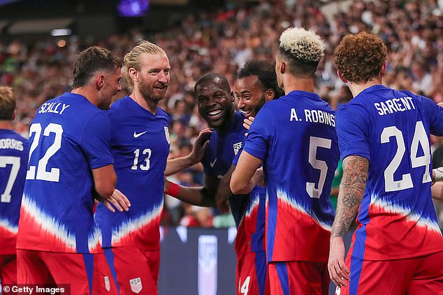 Yunus Musah (centre) was delighted to score his first goal for the United States in his 42nd appearance.