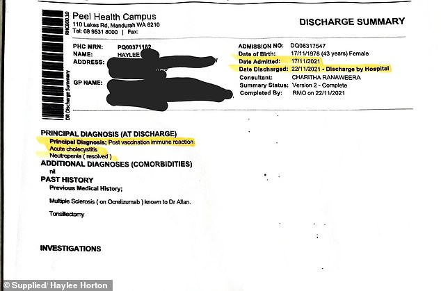 Ms Horton spent five days in hospital shortly after receiving her second Pfizer vaccine and was diagnosed with a post-vaccine immune reaction.