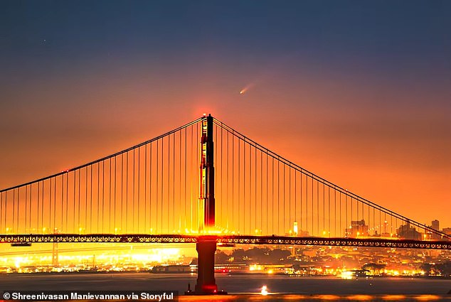 Comet A3 was captured early Friday in San Francisco, California, just at dawn as it crossed the Golden Gate Bridge.