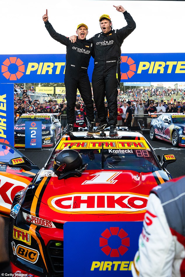 The couple hopped in their car after being crowned winners and celebrated with fans at Mount Panorama after the marathon race.