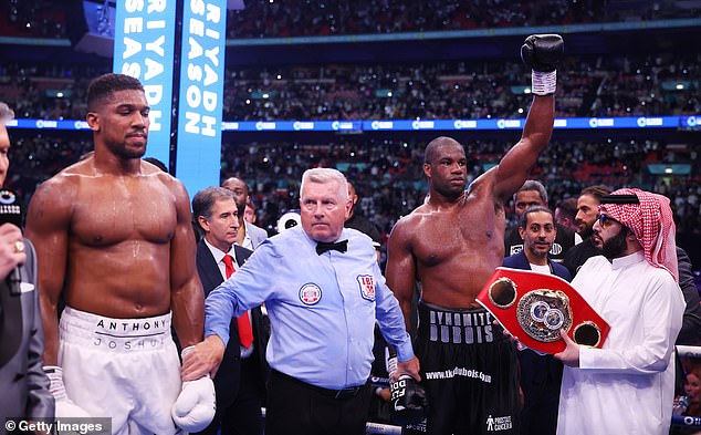 Daniel Dubois (right) knocked out Anthony Joshua (left) in the fifth round of their IBF heavyweight title fight at Wembley Stadium on Saturday night.