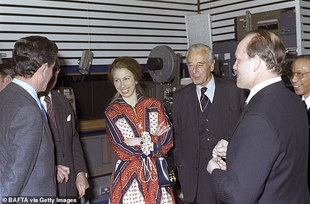 Anne at the BAFTA headquarters in London in 1978 with her hair down. she is standing next to her great uncle Lord Mountbatten