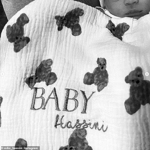 The couple shared a photo of their daughter sleeping wrapped in a 'baby Hassini' blanket covered in teddy bears.