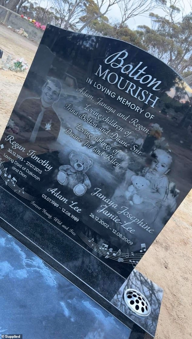 A grave in Gnowangerup Cemetery for three family members: Adam, who died of SIDS in 1989, Janaya, who died in a car accident exactly 20 years later, and Regan, who took her own life in 2013.