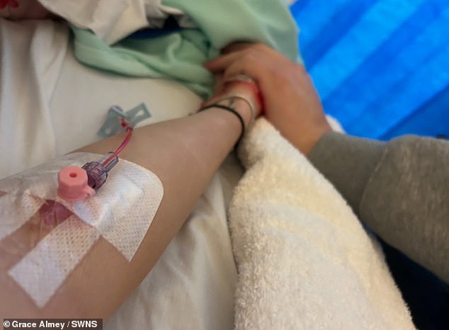 The 21-year-old from Scunthorpe, Lincolnshire, has suffered from a range of premenstrual syndrome (PMS) symptoms, including back pain, gastrointestinal problems and hair loss, since she was nine (Grace pictured in hospital).