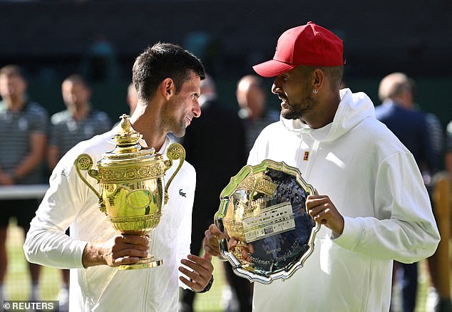 Kyrgios (right) is yet to win a men's singles title at a Grand Slam, despite reaching the 2022 Wimbledon final, where he was defeated by Novak Djokovic (left).