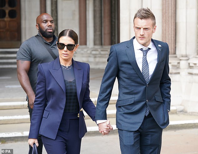 Rebekah Vardy, pictured with her husband Jamie outside the Royal Courts of Justice in May 2022, was accused of sharing private information about Coleen Rooney with the Sun newspaper.