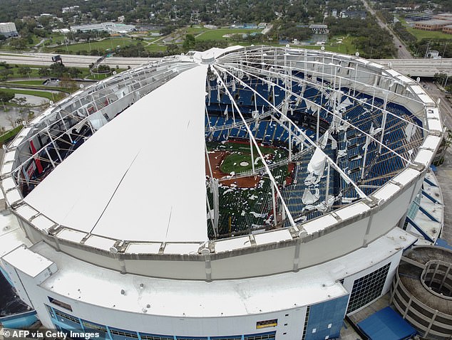 A drone image shows the Tropicana Field dome that opened due to Hurricane Milton in St. Petersburg, Florida, on October 10, 2024.