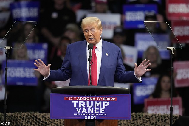 Former President Donald Trump, Republican presidential candidate, speaks at a campaign rally at the Findlay Toyota Arena on Sunday, October 13, 2024 in Prescott Valley, Arizona. He was endorsed by the National Border Patrol Council at the event.