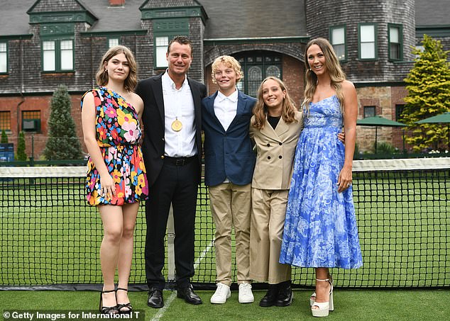 Newport, Rhode Island: Mia Hewitt (left) photographed with her parents Lleyton and Bec Hewitt and siblings Cruz and Ava at the 2022 International Tennis Hall of Fame induction