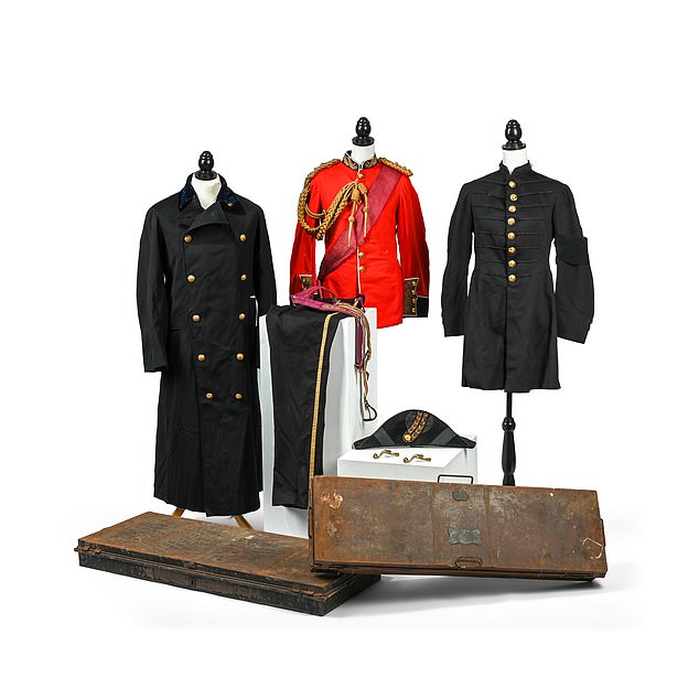 The first uniform, lot 390, dates from the time when Yorke was squire to Prince Leopold and consists of a scarlet tunic with blue facings and gold embroidery; blue pants with gold lace; blue frock coat with mourning ribbons; and a coat