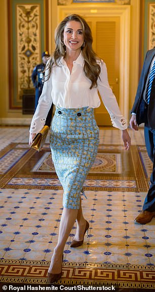 Queen Rania of Jordan wore a Dior pencil skirt during her visit to Washington in February 2023