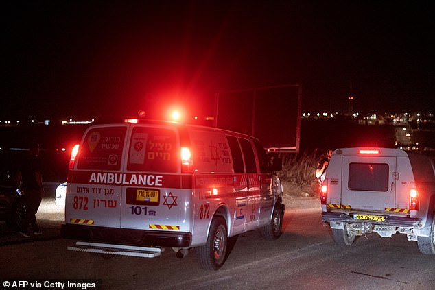 An ambulance arrives at the scene of the drone attack near the town of Binyamina, northern Israel.