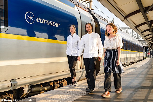 From left to right: Head Pastry Chef Jessica Préalpato, Head Chef Jeremy Chan and Head Sommelier Honey Spencer walking alongside a Eurostar train at the Gare du Nord in Paris.