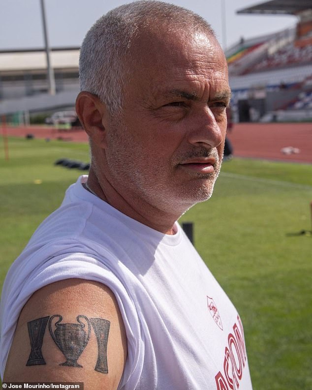 José already had tattoos on his upper right arm of the Champions League trophy sandwiched between the Europa League and Europa Conference League cups (pictured)