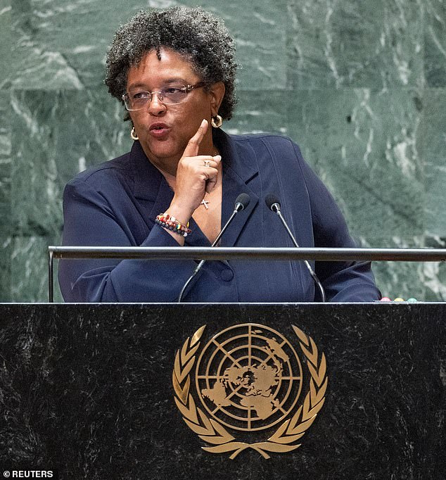 Barbados Prime Minister Mia Amor Mottley addresses the 79th United Nations General Assembly last month. She is leading demands by West Indian nations for the UK to pay billions in compensation for its role in the slave trade.