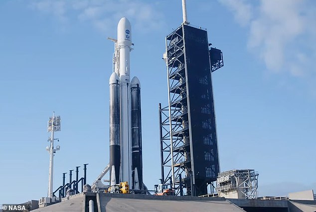 Elon Musk's SpaceX firm will launch its Falcon Heavy rocket carrying Europa Clipper from LC-39A, at the Kennedy Space Center, Florida. Pictured before the launch on Sunday, October 13.