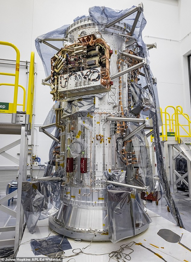 The main body of the spacecraft is a giant 10-foot-tall propulsion module, designed and built by the Johns Hopkins Applied Physics Laboratory (APL) in Laurel, Maryland.