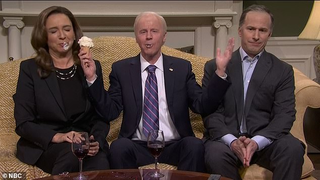 At one point, Biden arrives unannounced and, toward the end of the clip, waves his arms while holding an ice cream cone and smears some ice cream on her face.