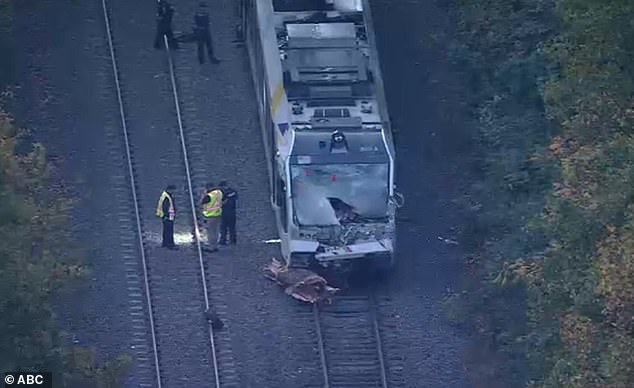 The front of the train (pictured) was damaged during the ordeal. It is currently unclear whether the injured have been taken to hospital.