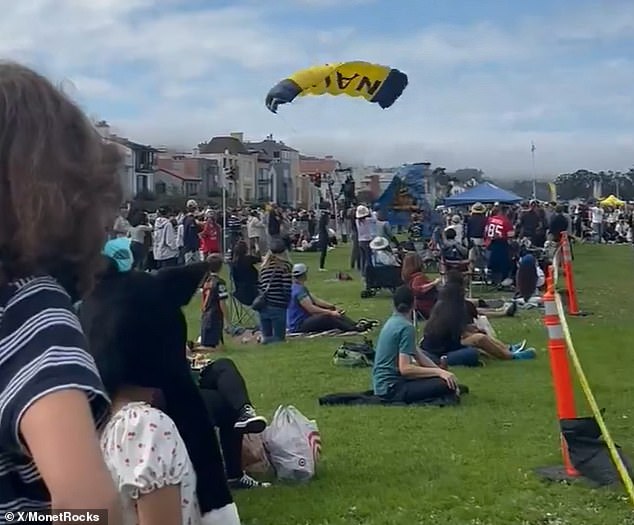 People could be heard shouting 'ohhhh' and 'oh no' as the second skydiver floated before accidentally landing on the mother and child.