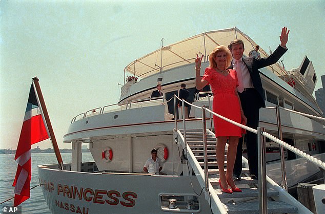 Real estate developer Donald Trump greets reporters with his wife, Ivana, as they board his luxury yacht The Trump Princess in New York City on Monday, July 4, 1988.