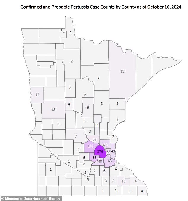 The map above from the Minnesota Department of Health shows the cluster where an increase in whooping cough cases is located. Hennepin County, which includes Minneapolis, recorded the most cases with 376.