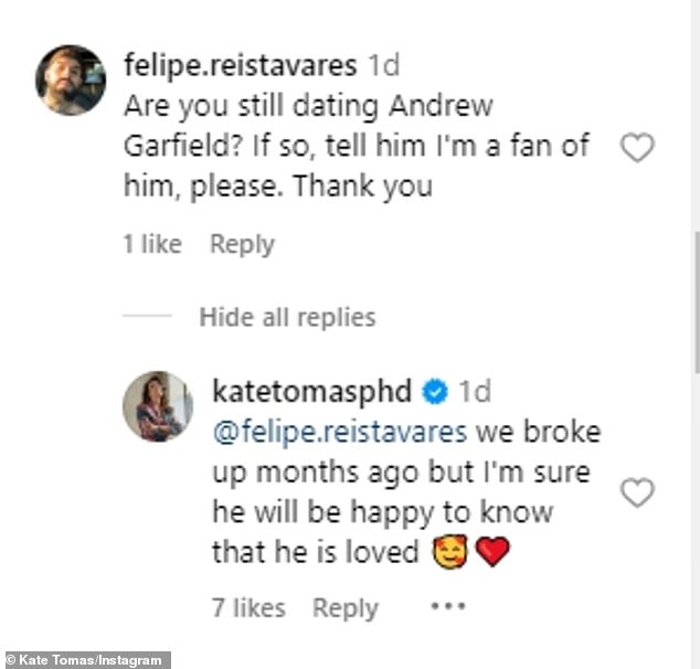 Kate, who has a doctorate in philosophical theology, confirmed the end of her relationship with Andrew in the Instagram comments of another post on Saturday.