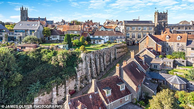 A drone shot showing Gold Hill from a more unusual angle