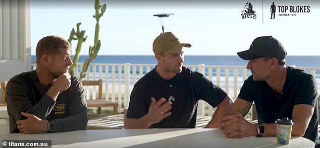 Fanning (left) speaks to NRL star Kieran Foran (centre) and his colleague and best friend Joel Parkinson for the Top Blokes and Logan's Legacy Foundation, to help young people struggling with depression.