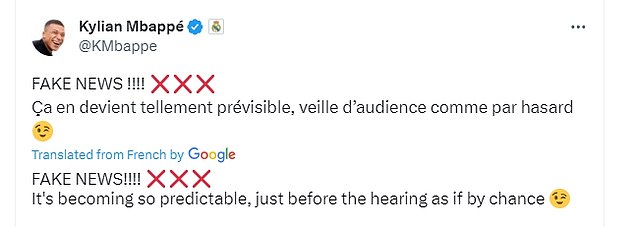 But Mbappé shared a newspaper article about X's alleged rape and wrote: 'Fake news!'