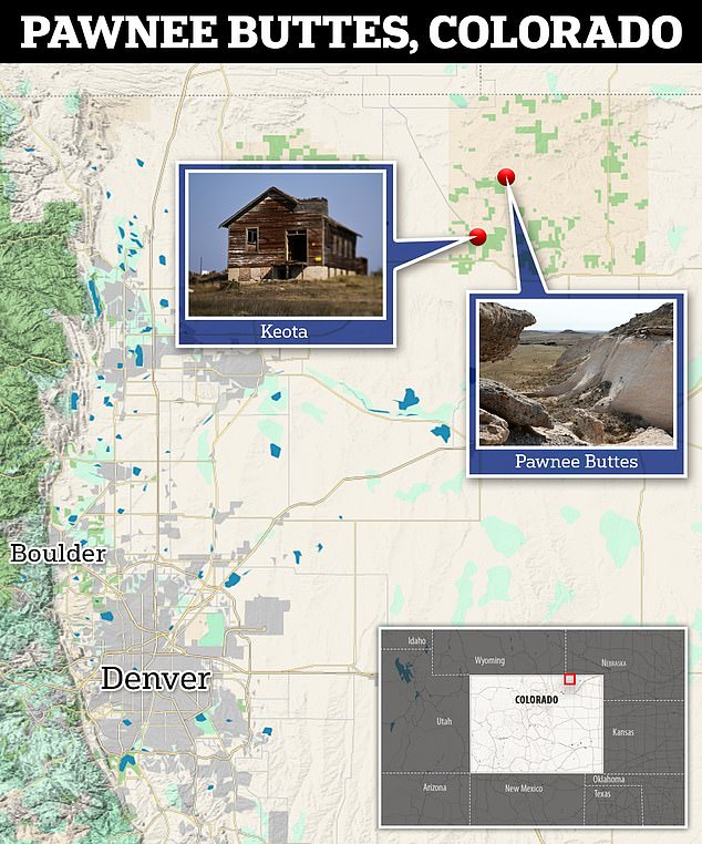 A map shows where the Pawnee Butts are located in Colorado, about a 115-mile drive from Denver.