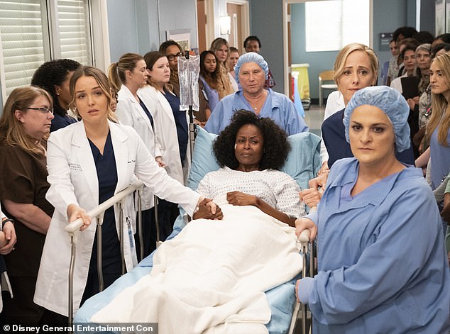 Finch (far right with surgical cap) appeared in a few episodes of Grey's Anatomy and used elements of Beyer's past trauma to use in episodes.