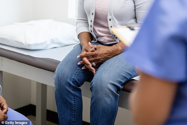 A woman clasps her hands during a conversation with two members of the medical staff. Last year, women's health tsar Dame Lesley Regan admitted that the NHS is failing her. 