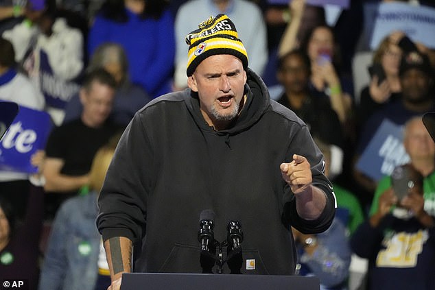 Pennsylvania Sen. John Fetterman showed up at Erie rally wearing a Pittsburgh Steelers snow hat, called out former President Donald Trump 