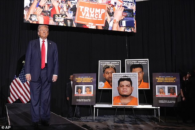 Former President Donald Trump, Republican presidential candidate, arrives at a campaign rally at the Gaylord Rockies Resort & Convention Center, Friday, Oct. 11, 2024, in Aurora, Colorado. Mugshots of TDA gang members were used as stage props.