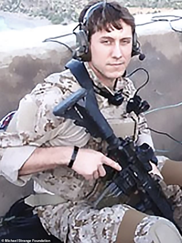 At one point, Noem introduced Mary and Charles Strange, a Gold Star family whose son Michael (pictured) was killed while serving in Afghanistan in 2011.