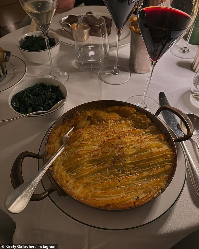 Sharing a glimpse of their evening, Kirsty revealed the couple also had the restaurant's £33 fish pie (pictured).