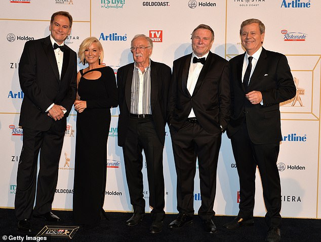 Charles Wooley (second right) has paid tribute to the late George Negus (third left). They are pictured with Liam Bartlett (left), Liz Hayes (second left) and Ray Martin (right) at the 2018 Logies.