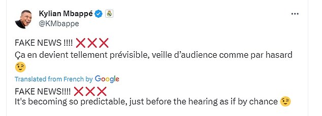 But Mbappé shared a newspaper article about X's alleged rape and wrote: 'Fake news!'