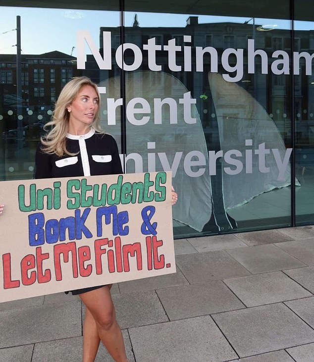 Bonnie held up the sign her mother made at Nottingham Trent University where she slept with 158 'barely legal' teenagers and filmed it for her Onlyfans account.